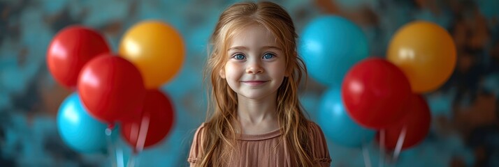 Fototapeta na wymiar Happy Little Girl Bunch Colorful Balloons, Background HD, Illustrations