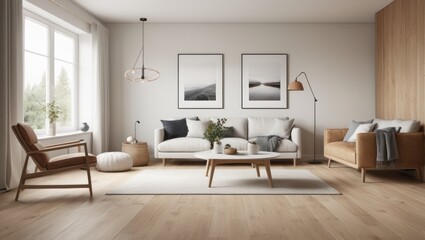 Naklejka na ściany i meble Scandinavian Living Room interior design. 3d render Scandinavian Living Room interior design