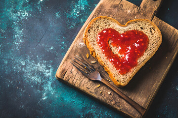 Bread with red jam heart shaped. Valentine's Day background.