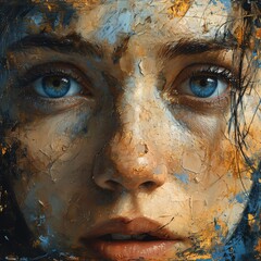 Fragmented Realism: Textured Portrait of Blue-Eyed Woman
