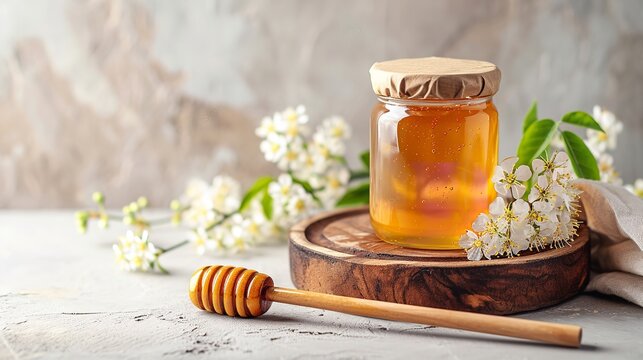 A jar of honey with flower with a big copy space in a clean surface, Generative AI.