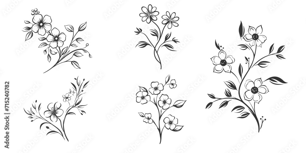 Wall mural set floral branch and minimalist leaves for logo or tattoo. hand drawn line wedding - Wall murals