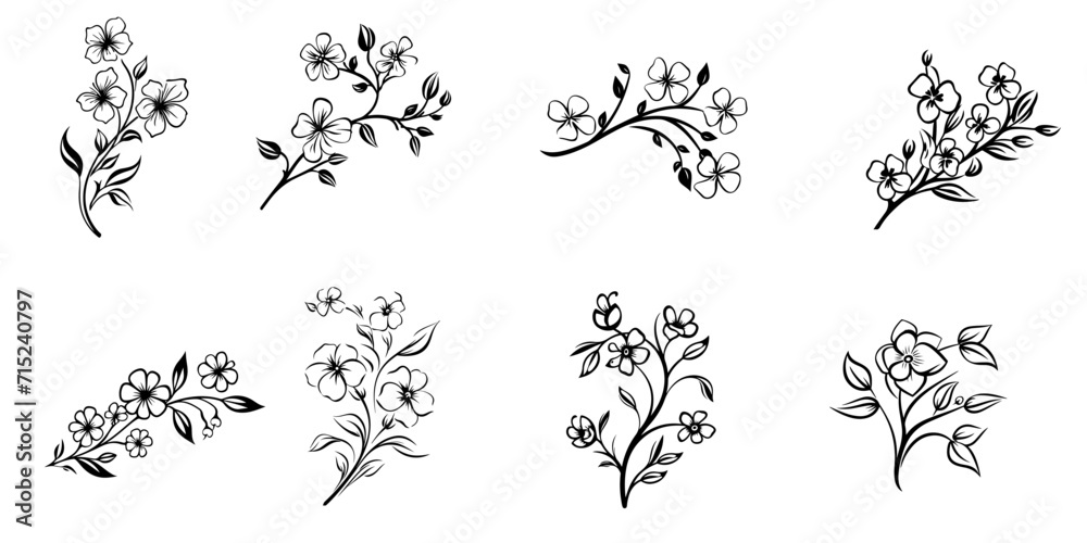 Wall mural Set Floral branch and minimalist leaves for logo or tattoo. Hand drawn line wedding