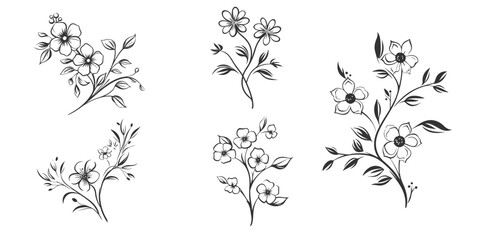 Set Floral branch and minimalist leaves for logo or tattoo. Hand drawn line wedding - obrazy, fototapety, plakaty