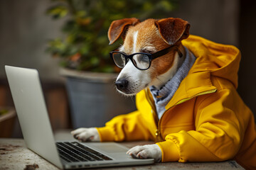 Cute dog looking computer laptop in glasses.