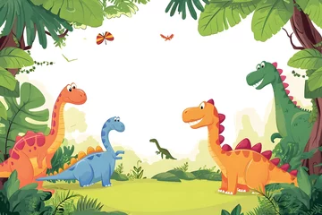 Poster Cute cartoon dinosaur frame border on background. © Pacharee