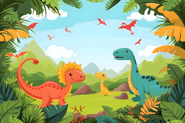 Cute dinosaur with landscape cartoon background. 
