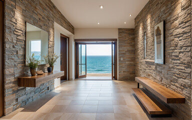 Modern entrance hall with coastal interior design featuring a stone-tiled wall and rustic wooden elements.