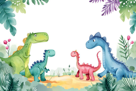Cute cartoon dinosaur frame border on background in watercolor style.