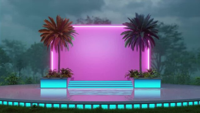 Slow approach to a neon stand with palm trees, 3D render