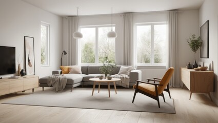 Naklejka na ściany i meble Scandinavian Living Room interior design. 3d render Scandinavian Living Room interior design