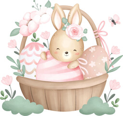 Watercolor Illustration Easter Rabbit in basket and Easter Eggs with Flowers and Butterfly