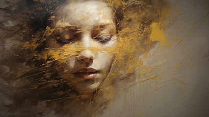 Painting of a woman with gold splatter overlay. Room for copy. - obrazy, fototapety, plakaty