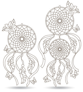 Set of outline illustrations of stained glass Windows with dream catchers and butterflies, dark outline on white background
