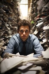 Overwhelmed office employee surrounded by paperwork, with a look of exhaustion and stress, Generative AI