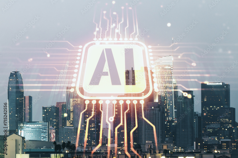 Poster abstract virtual artificial intelligence symbol hologram on los angeles skyline background. multiexp