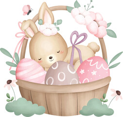 Watercolor Illustration Easter Rabbit in basket and Easter Eggs with Flowers and Butterfly