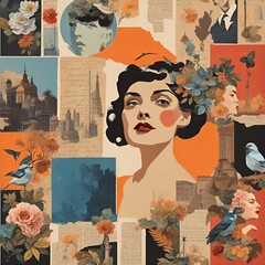 vintage women group for International Women’s day , retro style illustration by Generative Ai, women day's illustrations, Abstract modern art collage portrait of young woman, template, post, wallpaper