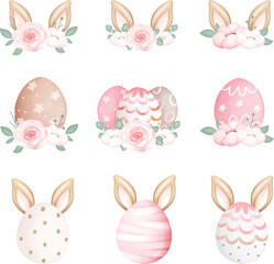 Watercolor Illustration set of  Easter Eggs and Bunny Ears with Flowers