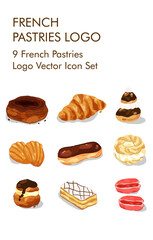 9 French pastries logo vector icon set 