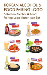 6 Korean alcohol and food pairing logo vector icon set 