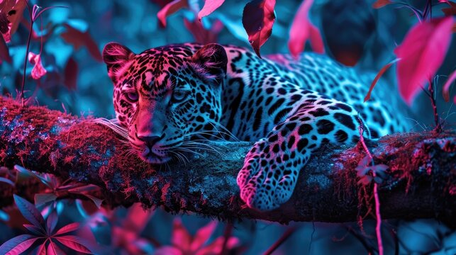 A neon leopard resting on a neon tree branch its neon spots blending in with the foliage