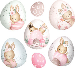 Watercolor Illustration set of Easter Eggs with Easter Rabbit