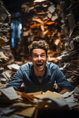 Overwhelmed worker trying to create order in the midst of a paper-based chaos on the desk, Generative AI