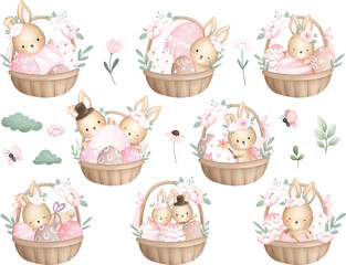 Fototapeta premium Watercolor Illustration set of Easter Rabbit in basket with Easter Eggs