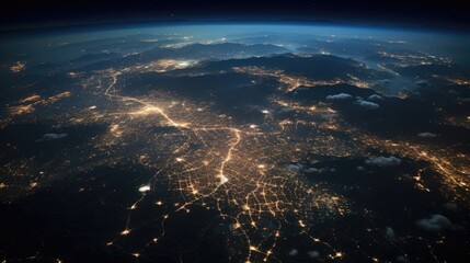 In this aerial view, the devastating impact of light pollution on ecosystems is revealed as s of bright city lights shine brightly in the darkness, completely altering the natural light levels