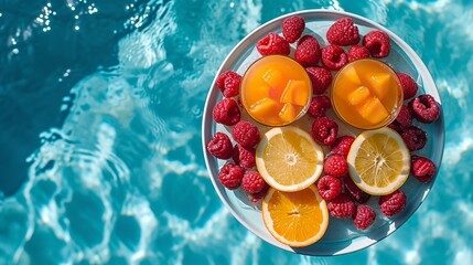 A plate of fruits floating in swimming pool top view with a big copy space, Generative AI.