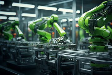 Technological robotic automatic arms machine work on assembly line automobile production in industrial intelligent factory AI Generation - obrazy, fototapety, plakaty