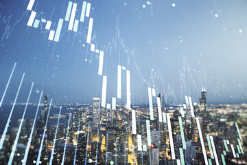 Double exposure of virtual creative financial diagram on Chicago office buildings background,...