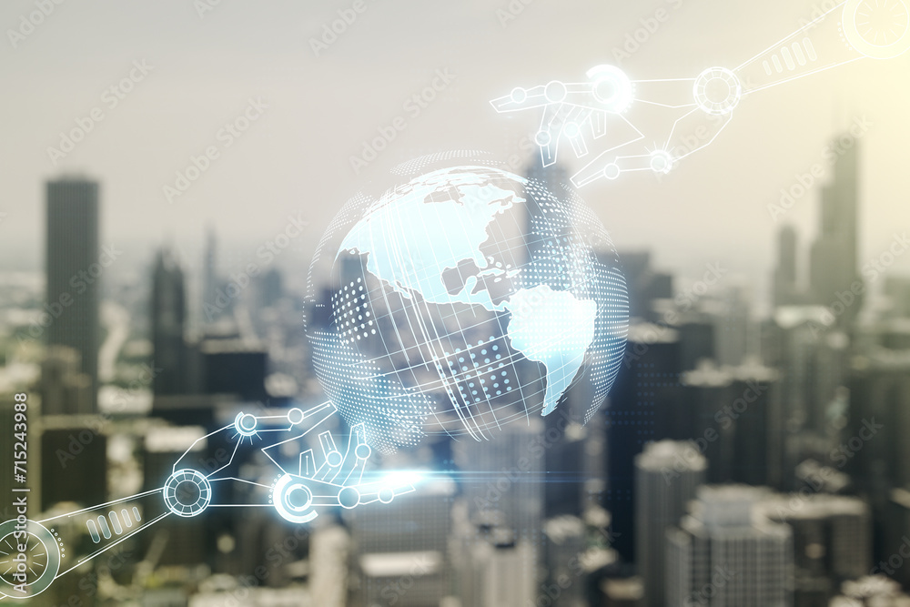 Poster abstract virtual robotics technology hologram with globe on blurry skyscrapers background, artificia