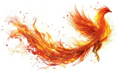 Phoenix on fire png, isolated on white or transparent background, bird burning