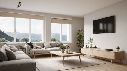 Scandinavian Living Room interior design. 3d render Scandinavian Living Room interior design