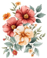 Watercolor floral bouquet ornament on a white background. Colorful clipart, ideal for framing or background use