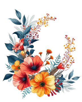 Colorful watercolor floral bouquet ornament isolated on a white background. Perfect clipart for frames or background design
