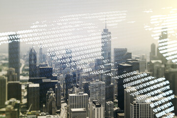 Digital map of North America hologram on Chicago cityscape background, global technology concept. Multiexposure