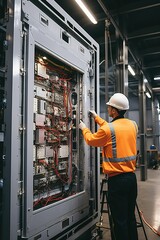 Worker repairing an electric motor, repairman of a large machine