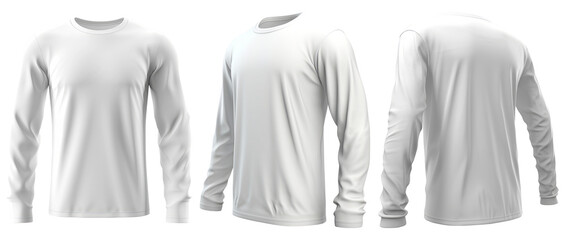 Set of White long sleeve shirt front, back and side view cutout on transparent background. Mockup template product presentation.