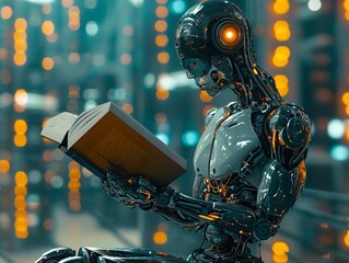 A robot reading books a machine learning concept with a big copy space, Generative AI.