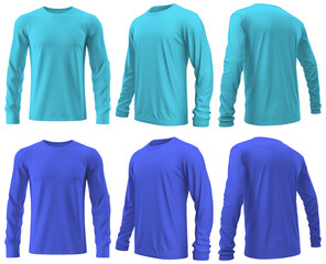 Set of Aqua blue long sleeve shirt front, back and side view cutout on transparent background. Mockup template product presentation.