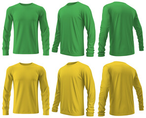 Set of Green yellow long sleeve shirt front, back and side view cutout on transparent background. Mockup template product presentation.
