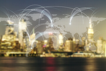 Double exposure of abstract digital world map hologram with connections on blurry cityscape background, research and strategy concept