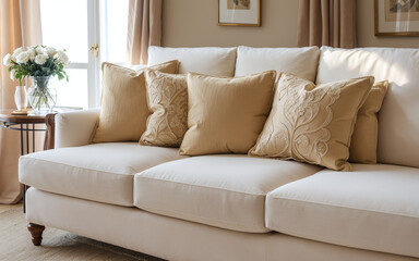 Close-up of a fabric sofa adorned with pillows in a modern living room with French country home interior design.