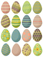 Easter egg collection. Set of easter eggs flat design on white background. Abstract hand drawn lines, texture isolated on white background.