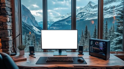 Fototapeta premium Mockup of computer monitor on desk in front of windows with snow-capped mountains in background, AI-generative