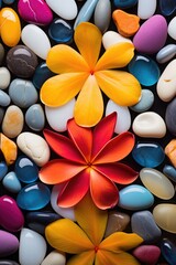 Colorful stones and flowers arranged in a circle. Generative AI.
