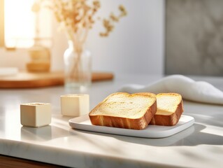 A piece of bread on a plate with two cubes of butter. Generative AI.